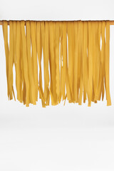 Fresh egg fettuccine noodles, drying in close-up against a white background with copy space