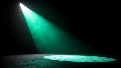 Bright green spotlight beam illuminating a dark stage floor