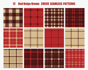 赤とブラウン・ベージュカラーのチェック柄シームレスパターンセット