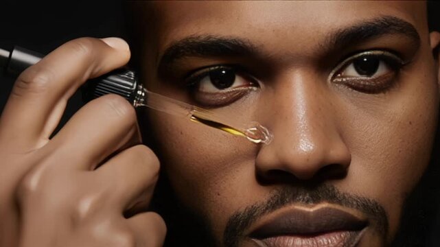 Man applying facial serum with dropper for skincare routine closeup