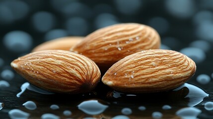 Close-up view of three almonds on a dark surface.