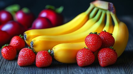 Freshly picked bananas, strawberries, and plums arranged on a wooden surface.