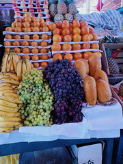 Display of a wide variety of fresh fruits ready to be sold at a market in the city of Arequipa, Peru,