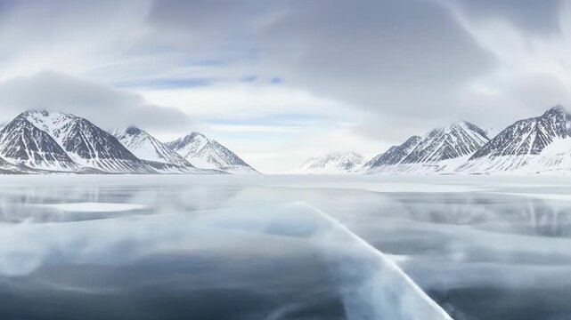 Stunning Frozen Lake Landscape with Snow-Capped Mountains Under Cloudy Sky