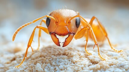 Close-up of an orange ant on a textured surface.