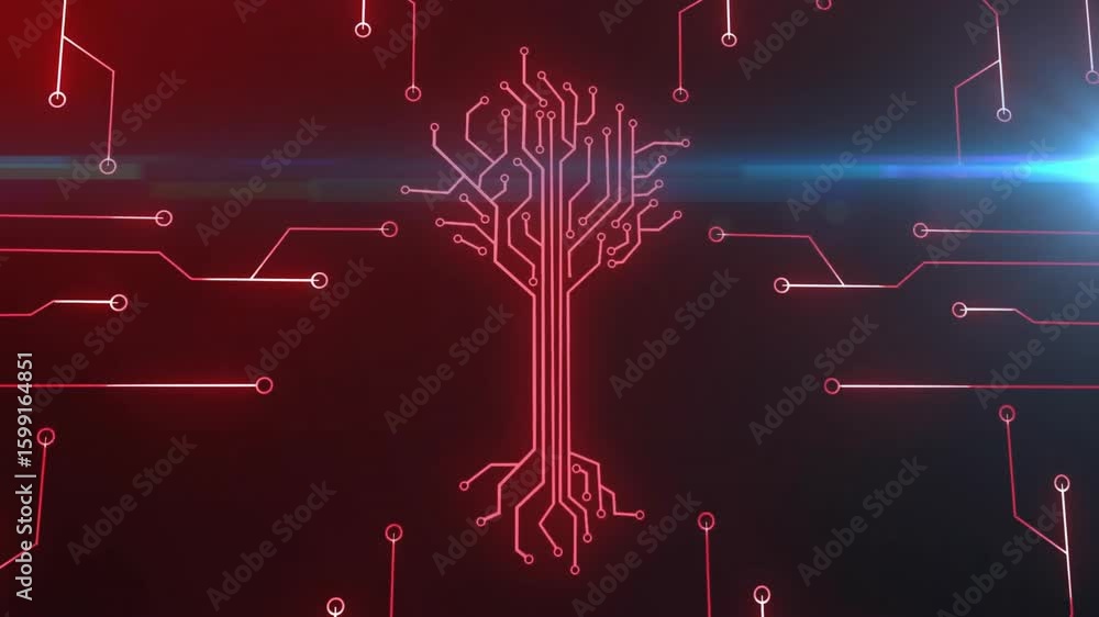 Poster after arc emerging red circuits converging into circuit tree then collapsing as blue flare pulsing