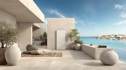 Modern, light beige outdoor patio with harbor views.