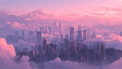 Fototapeta premium City nestled in pink clouds