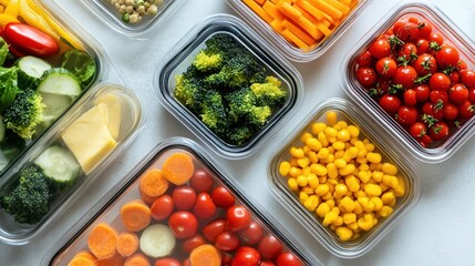Freshly Prepared Assortment of Vegetables and Cheese Stored in Clear Containers