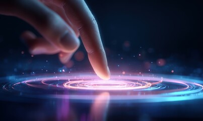 Finger Touching Futuristic Glowing Holographic Interface with Neon Light Rings 