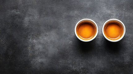 Two espresso cups on a dark textured surface.