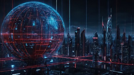 Futuristic City with Digital Globe and Neon Red Cyber Network, Sci-Fi Urban Landscape, High-Tech Smart City, Virtual Data Sphere, Cyberpunk Scene