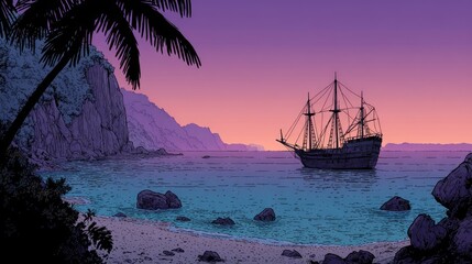 Obraz premium Dusk scene of a pirate ship at a secluded cove