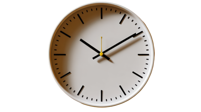 A close-up view of a simple, modern wall clock, showing the time.
