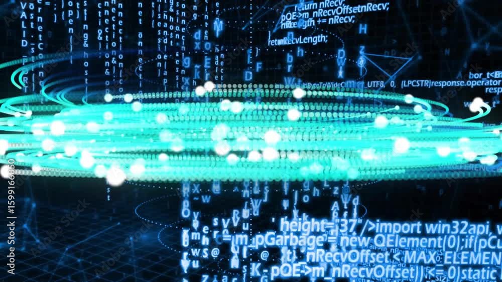 Poster 3d grid floor receding while green data rings rotating and emitting white pulses visualizing data