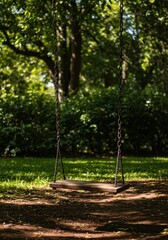 Empty Wooden Swing Hanging from Chains in a Lush Green Park
