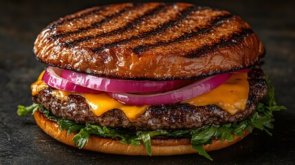 Close-up view of a juicy grilled cheeseburger.