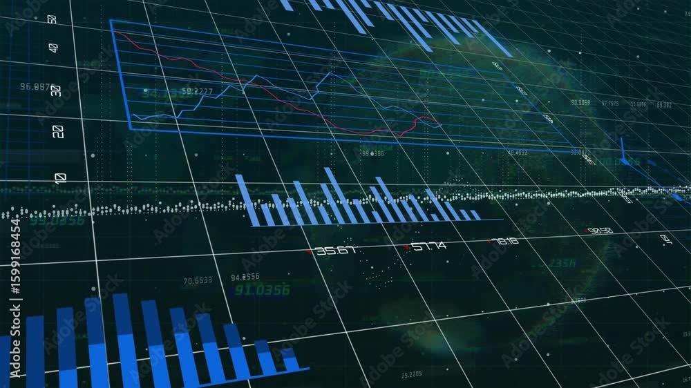Poster rotating grid plane initiating sliding bars fading pies and drawing lines in 3d data visualization
