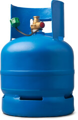 small domestic LPG gas cylinder isolated white background, blue compact size tank with valve mechanism used for cooking in home kitchen, close-up view