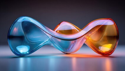 Abstract glass forms, blue and orange, intertwined, smooth curves, reflective surface