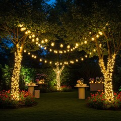 Fototapeta premium Romantic Garden Party at Night with String Lights