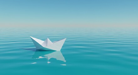 A solitary origami paper boat floats serenely on a calm, turquoise ocean under a clear blue sky.