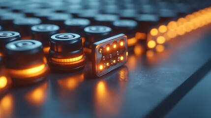 Abstract design of glowing technological components.