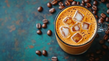 Refreshing iced coffee drink in a glass mug.