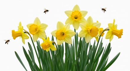 Obraz premium Vibrant yellow daffodils bloom brightly attracting busy bees in soft light. AI Generated