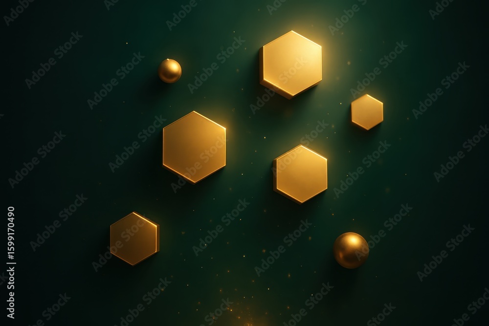 Poster elegant emerald green abstract background with floating golden geometric shapes and soft luminous pa