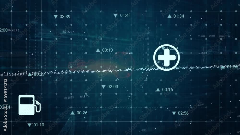 Poster opening dark blue grid starting pulsing data waveform animating fading service icons for live view