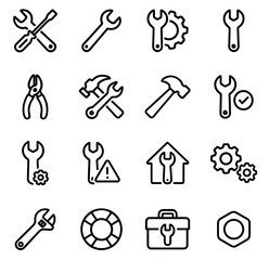 Simple Outline Handdrawn Spanner and Hammer Mechanic Tool Icon Set