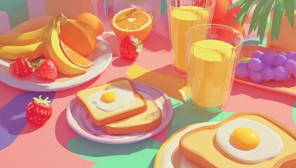 Vibrant breakfast scene with toast, fruit, and juice