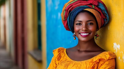 Smiling woman in vibrant colorful headwrap.