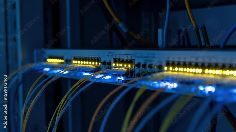 Poster fiber optic cables connected to network switch with data lights in server room.