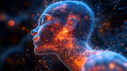 Profile view of a digital human face with glowing network lines.