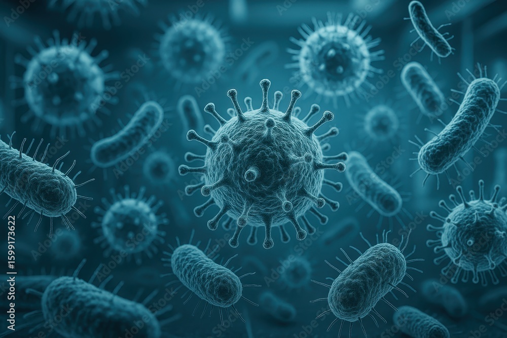 Poster high-resolution microscopic image of pathogenic bacteria and virus particles in laboratory research 