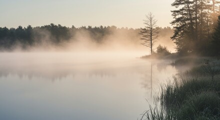 Fototapeta premium Misty Sunrise Over a Tranquil Lake