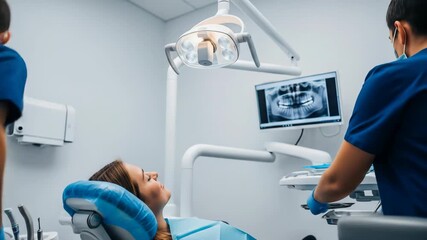 Dentists and assistant performing a dental check-up with X-ray on screen