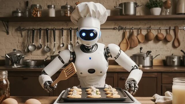 Robot chef prepares cookies in modern kitchen with cooking utensils