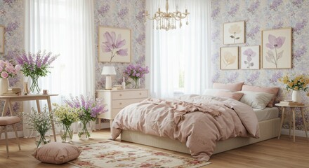Elegant Pink and Purple Floral Bedroom Interior