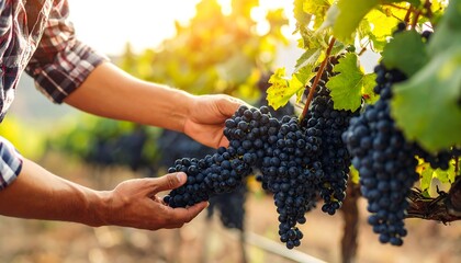 A person gently handling a cluster of dark grapes