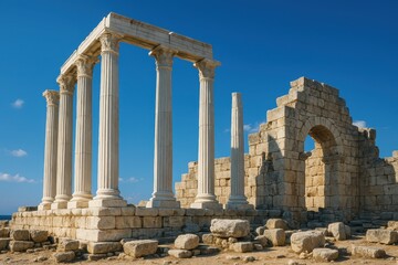 Obraz premium Magnificent ancient Greek acropolis temple with restored marble columns under Mediterranean blue sky