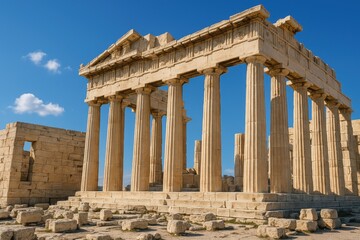 Fototapeta premium Magnificent ancient Greek acropolis temple with restored marble columns under Mediterranean blue sky