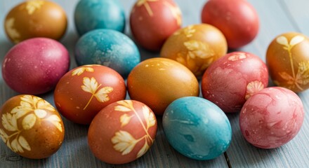 Colorful Easter Eggs with Floral Patterns on Rustic Wooden Surface