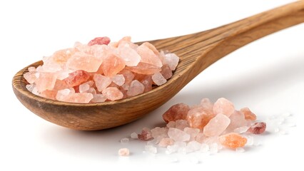 A wooden spoon filled with pink himalayan salt on white surface
