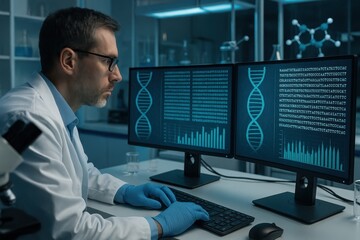 Medical Researcher Analyzing DNA Sequencing Data on Advanced Laboratory Equipment