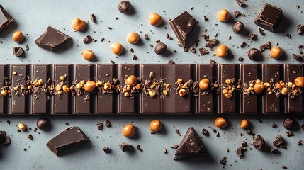 Chocolate bar with caramel pieces and crumbs.