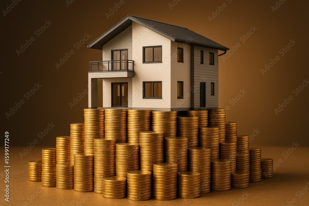 Poster miniature architectural model house positioned on ascending stack of gold coins representing smart r