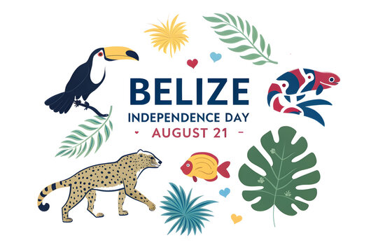 Celebrate Belize Independence Day with festive vector elements and illustrations of local animals and tropical foliage.